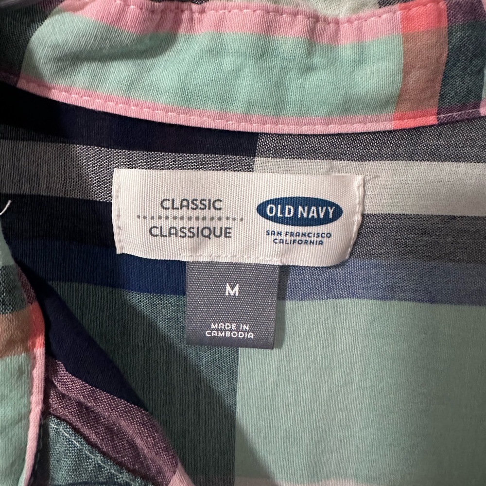 Blue, teal & pink plaid patterned Old Navy button down